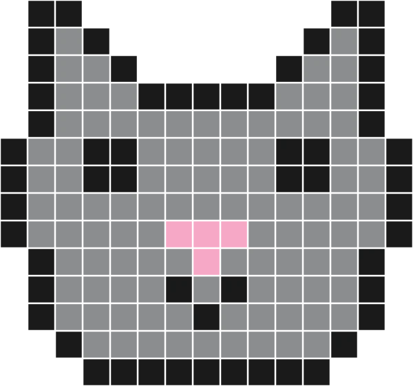 Gray cat face with triangular ears, black eyes and a pink nose