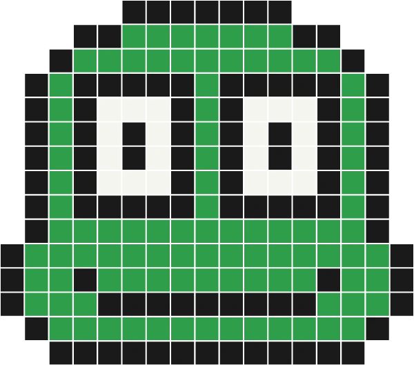 Green frog face with bulging white eyes and a wide smile