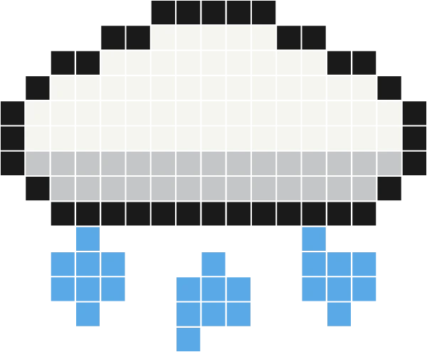 White cloud with a gray underside and three blue raindrops below