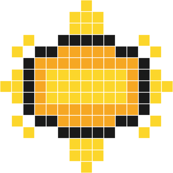 Yellow sun with an orange rim and eight rays around it